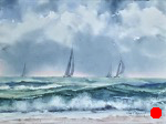seascape, ocean, sailboat, boat, sky, storm, clouds, beach, original watercolor painting, oberst